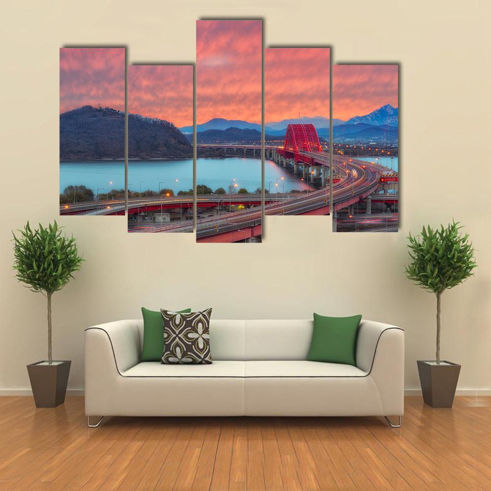 Sunset Of Banghwa Bridge At Seoul Canvas Wall Art-5 Pop-Gallery Wrap-47" x 32"-Tiaracle