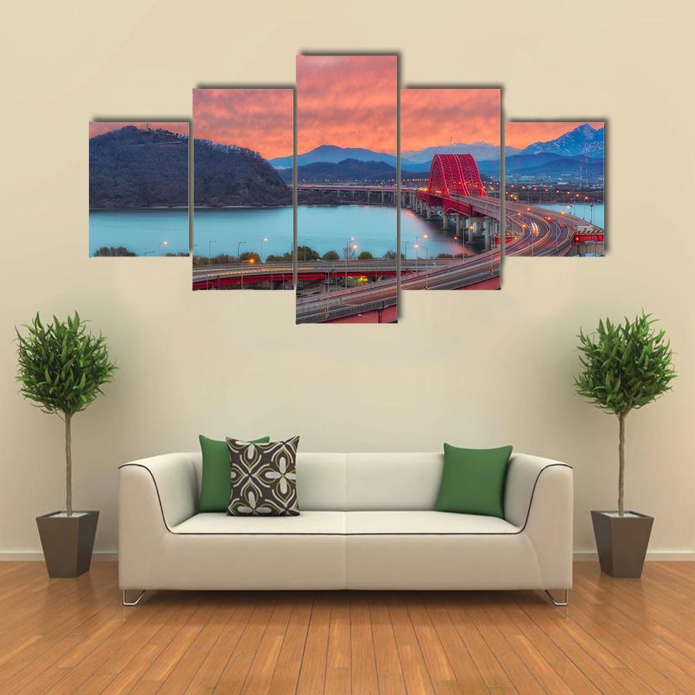Sunset Of Banghwa Bridge At Seoul Canvas Wall Art-5 Star-Gallery Wrap-62" x 32"-Tiaracle