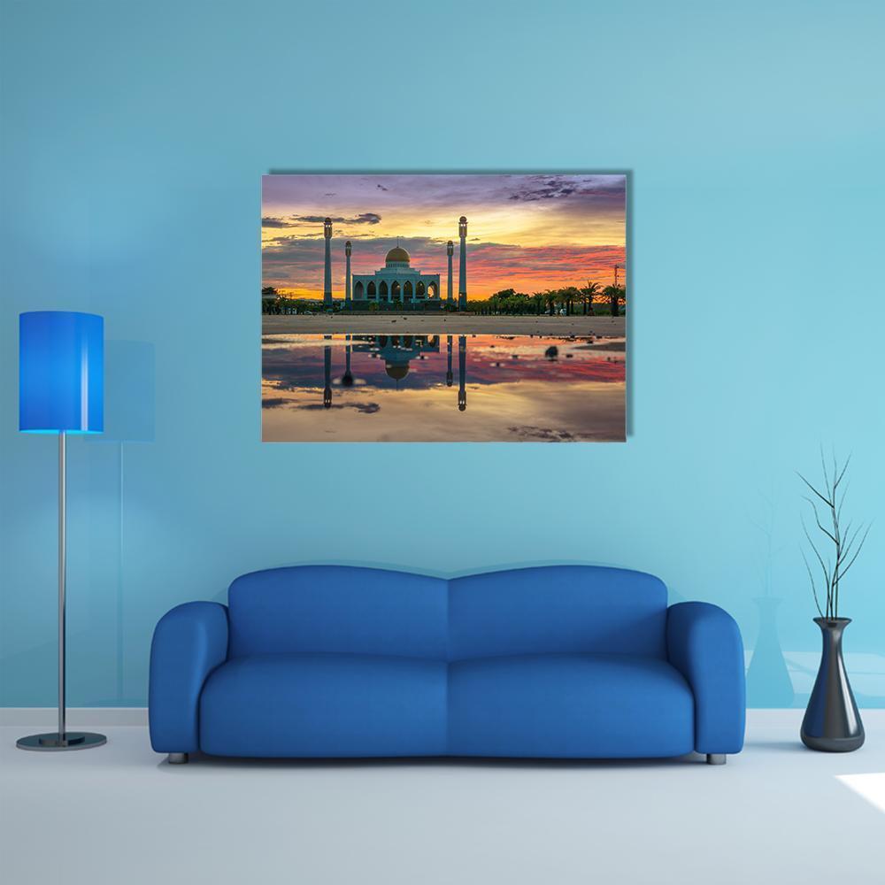Sunset at Central Songkhla Mosque Canvas Wall Art in orange, blue and purple, single panel hung on a wall