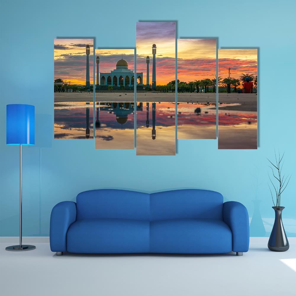 Sunset Of Central Songkhla Mosque Canvas Wall Art-5 Pop-Gallery Wrap-47" x 32"-Tiaracle