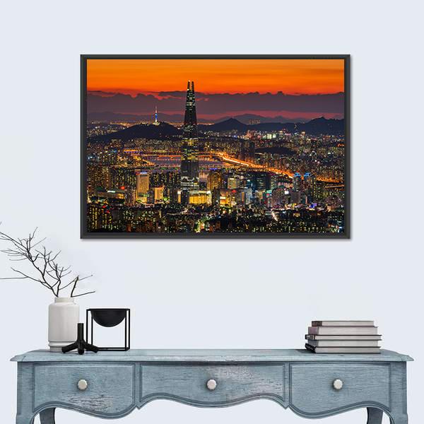 Seoul Skyline at Dusk Canvas Wall Art in black, orange and yellow, framed canvas, product view on a white background
