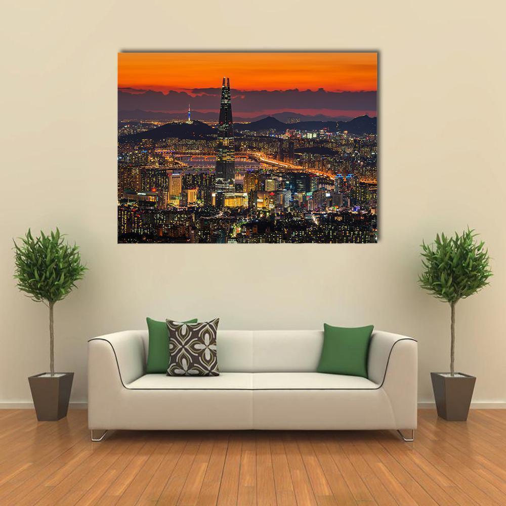 Seoul Skyline at Sunset Canvas Wall Art in black, orange and yellow, single panel hung on a wall