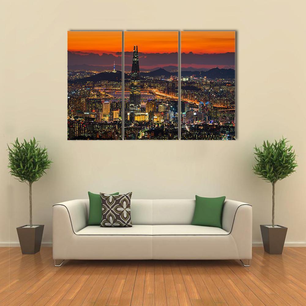 Sunset Of Seoul City Skyline Canvas Wall Art-3 Horizontal-Gallery Wrap-37" x 24"-Tiaracle