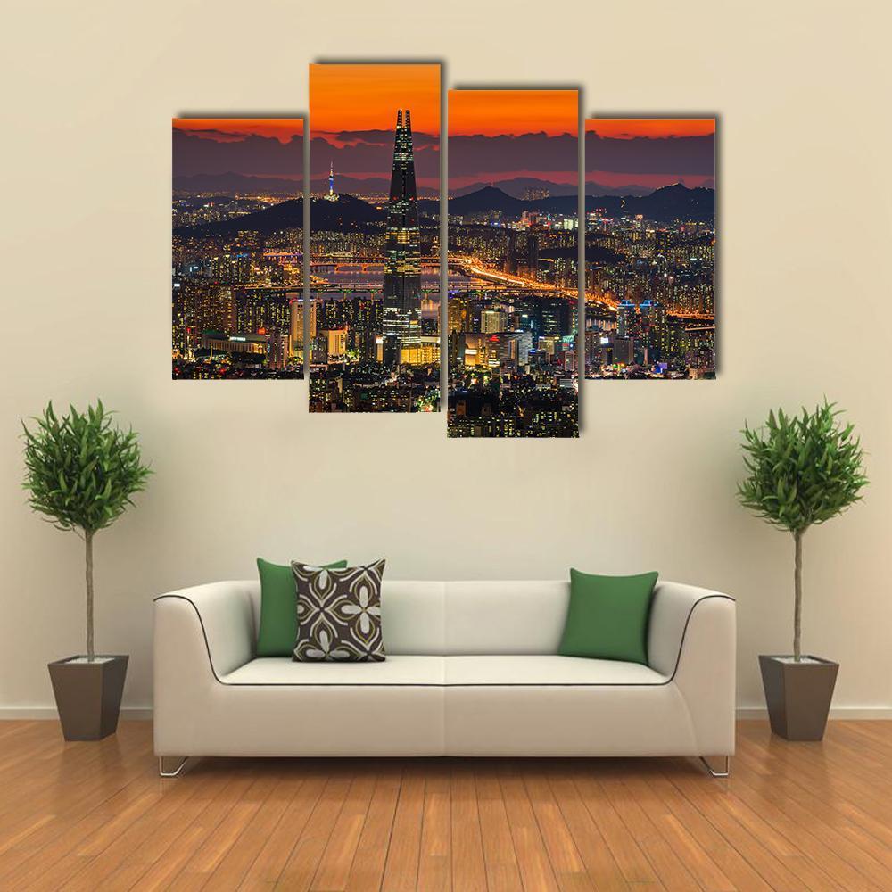 Sunset Of Seoul City Skyline Canvas Wall Art-4 Pop-Gallery Wrap-50" x 32"-Tiaracle