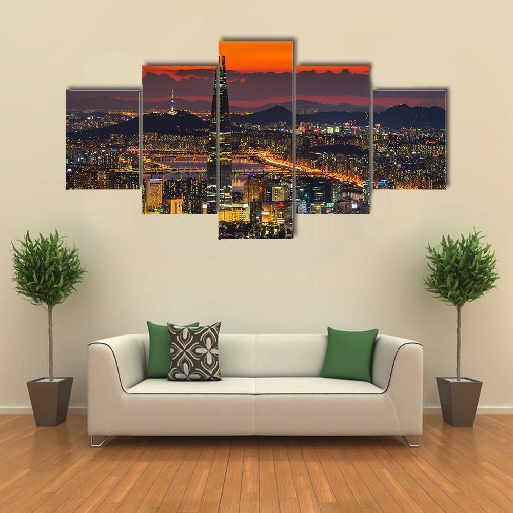 Sunset Of Seoul City Skyline Canvas Wall Art-5 Star-Gallery Wrap-62" x 32"-Tiaracle