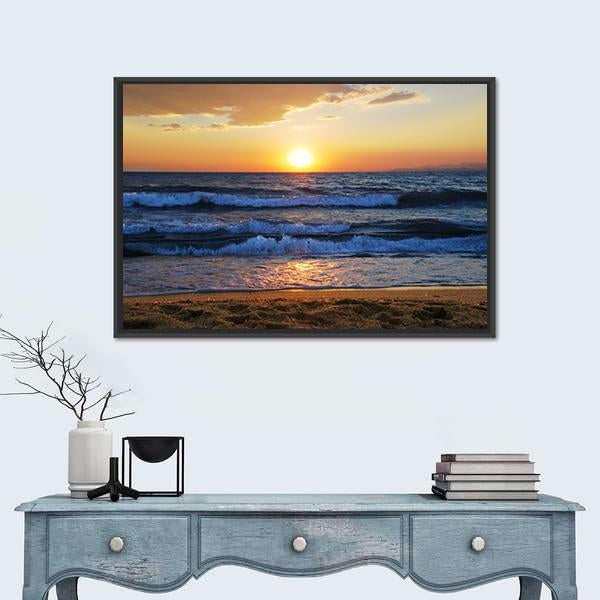 Sunset On A Aegean Sea In Greece Canvas Wall Art-1 Piece-Floating Frame-24" x 16"-Tiaracle