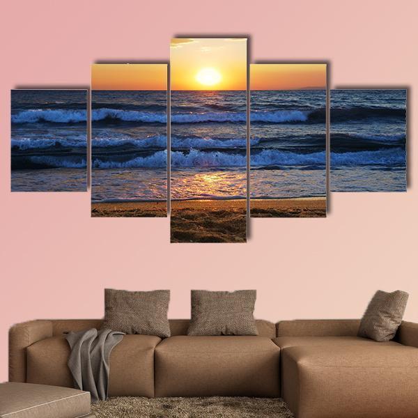 Sunset On A Aegean Sea In Greece Canvas Wall Art-5 Star-Gallery Wrap-62" x 32"-Tiaracle