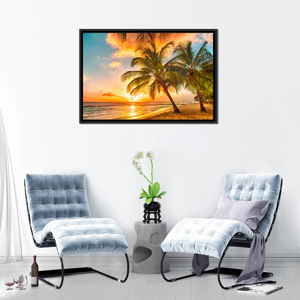 Sunset Beach in Barbados Canvas Wall Art in orange, yellow and blue, framed canvas, product view on a white background