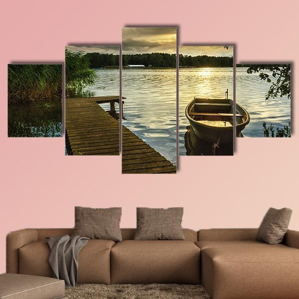 Sunset On A Lake Canvas Wall Art-5 Star-Gallery Wrap-62" x 32"-Tiaracle