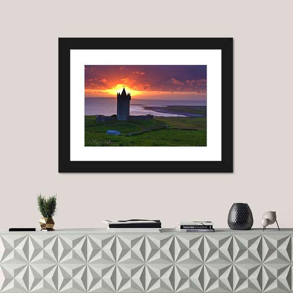 Sunset On An Ancient Castle In Ireland Canvas Wall Art-1 Piece-Framed Print-20" x 16"-Tiaracle