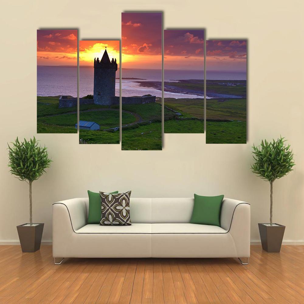 Sunset On An Ancient Castle In Ireland Canvas Wall Art-5 Pop-Gallery Wrap-47" x 32"-Tiaracle
