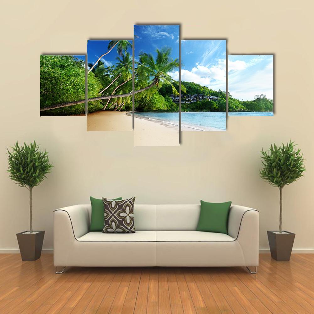 Sunset On Beach Anse Takamaka Canvas Wall Art-5 Star-Gallery Wrap-62" x 32"-Tiaracle