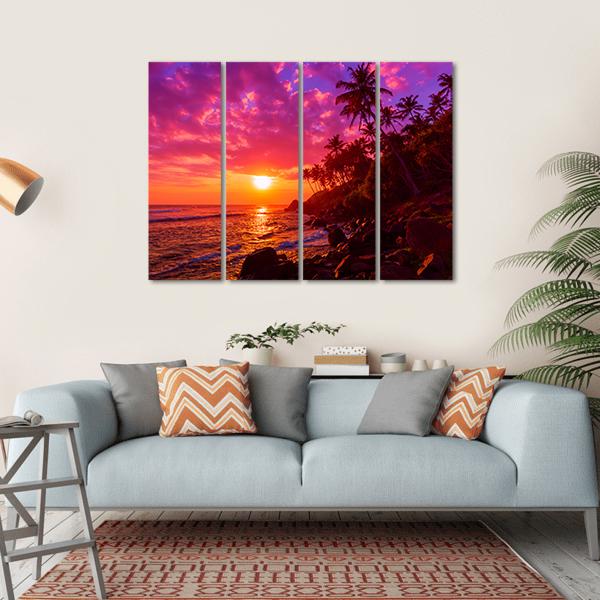 Sunset On Beach With Palm Trees Canvas Wall Art-1 Piece-Gallery Wrap-36" x 24"-Tiaracle