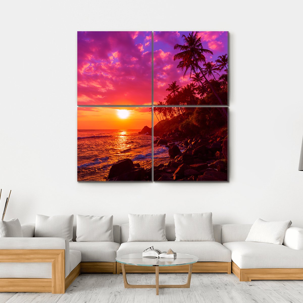 Sunset On Beach With Palm Trees Canvas Wall Art-4 Square-Gallery Wrap-17" x 17"-Tiaracle