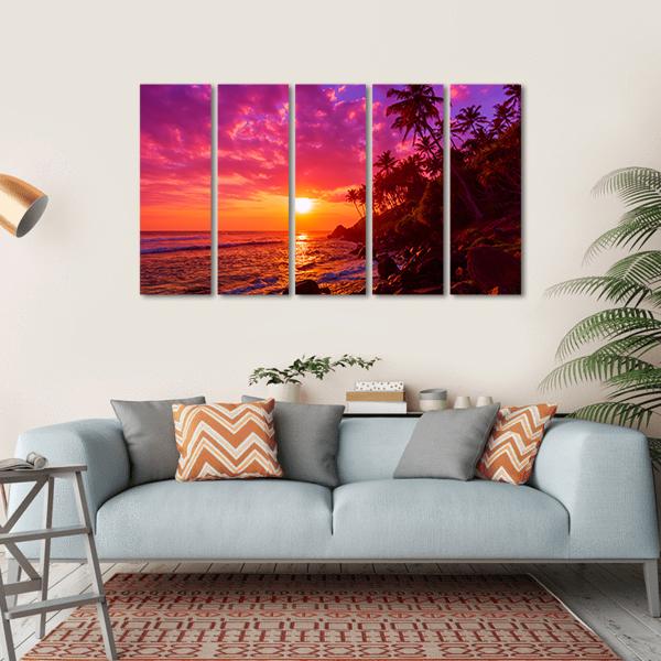 Sunset On Beach With Palm Trees Canvas Wall Art-5 Horizontal-Gallery Wrap-22" x 12"-Tiaracle