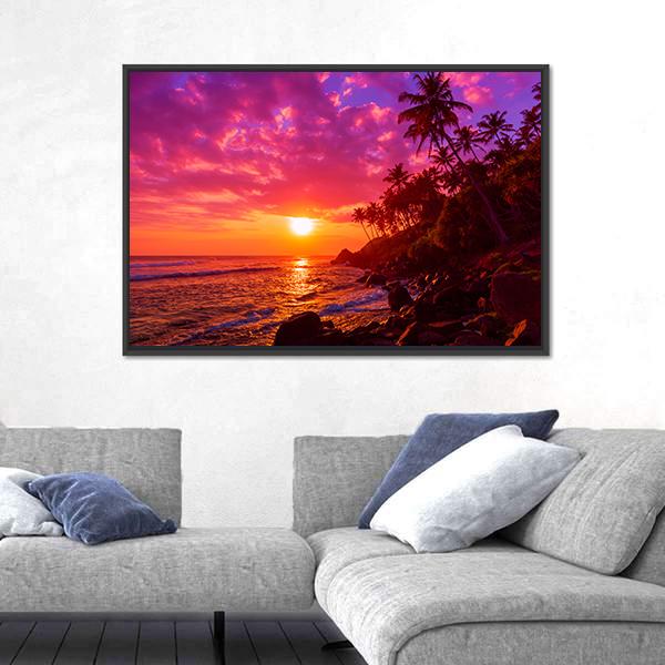 Sunset On Beach With Palm Trees Canvas Wall Art-3 Horizontal-Gallery Wrap-25&quot; x 16&quot;-Tiaracle