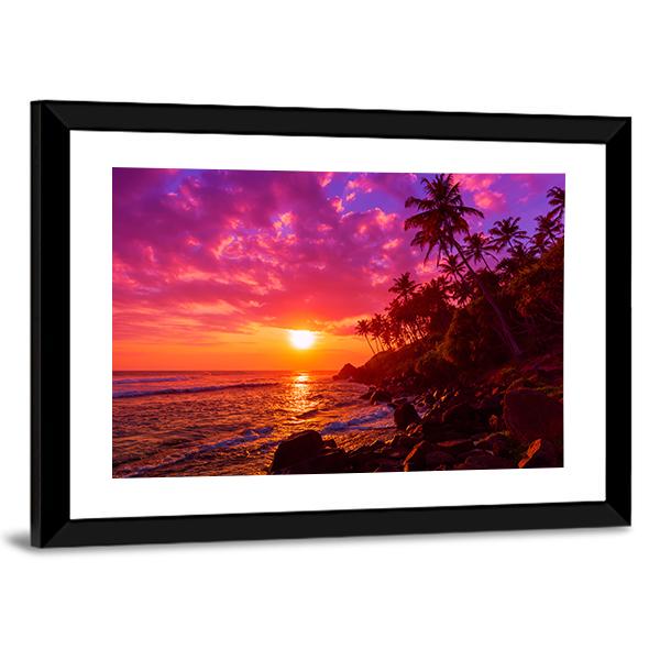 Sunset On Beach With Palm Trees Canvas Wall Art-3 Horizontal-Gallery Wrap-25&quot; x 16&quot;-Tiaracle