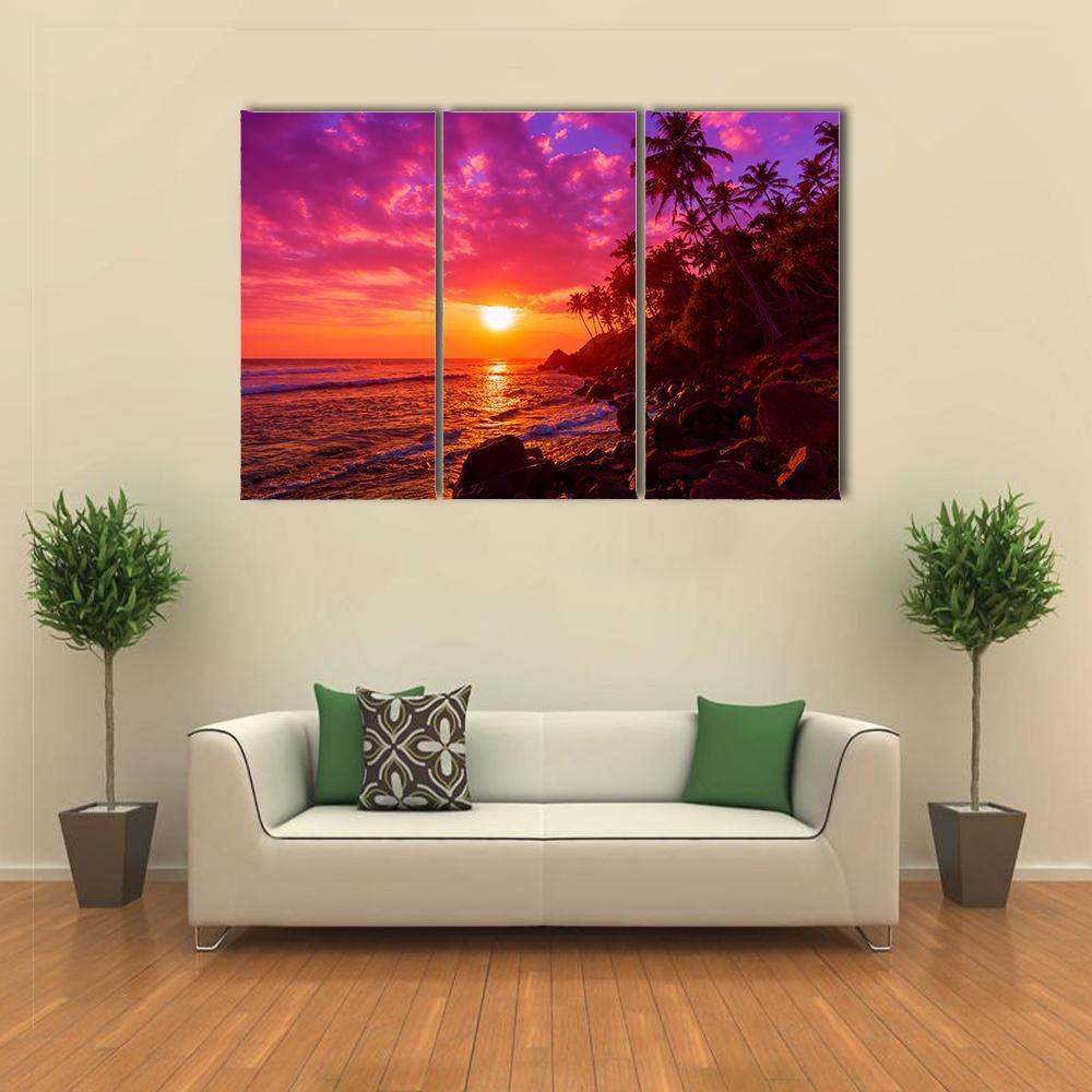 Sunset On Beach With Palm Trees Canvas Wall Art-3 Horizontal-Gallery Wrap-37&quot; x 24&quot;-Tiaracle