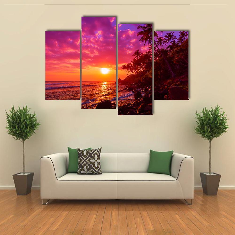 Sunset On Beach With Palm Trees Canvas Wall Art-4 Pop-Gallery Wrap-50&quot; x 32&quot;-Tiaracle