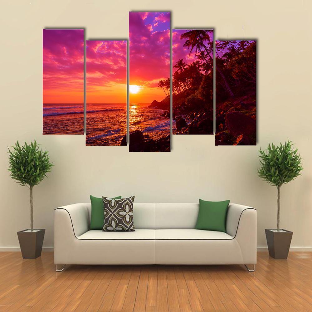 Sunset On Beach With Palm Trees Canvas Wall Art-5 Pop-Gallery Wrap-47&quot; x 32&quot;-Tiaracle