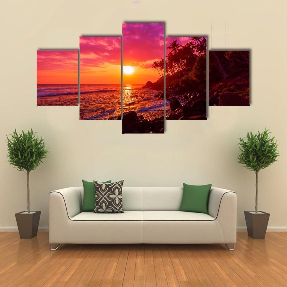 Sunset On Beach With Palm Trees Canvas Wall Art-5 Star-Gallery Wrap-62&quot; x 32&quot;-Tiaracle