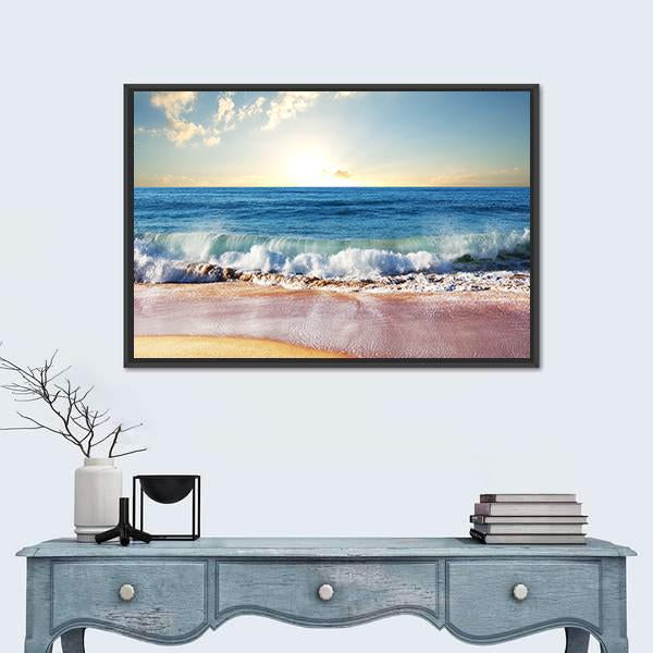 Sunset On Beach With Strong Ocean Waves Canvas Wall Art-1 Piece-Floating Frame-24" x 16"-Tiaracle
