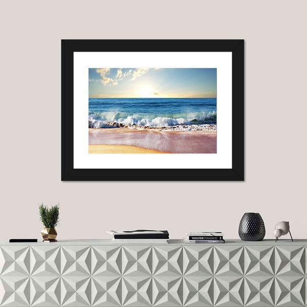 Sunset On Beach With Strong Ocean Waves Canvas Wall Art-1 Piece-Framed Print-20&quot; x 16&quot;-Tiaracle