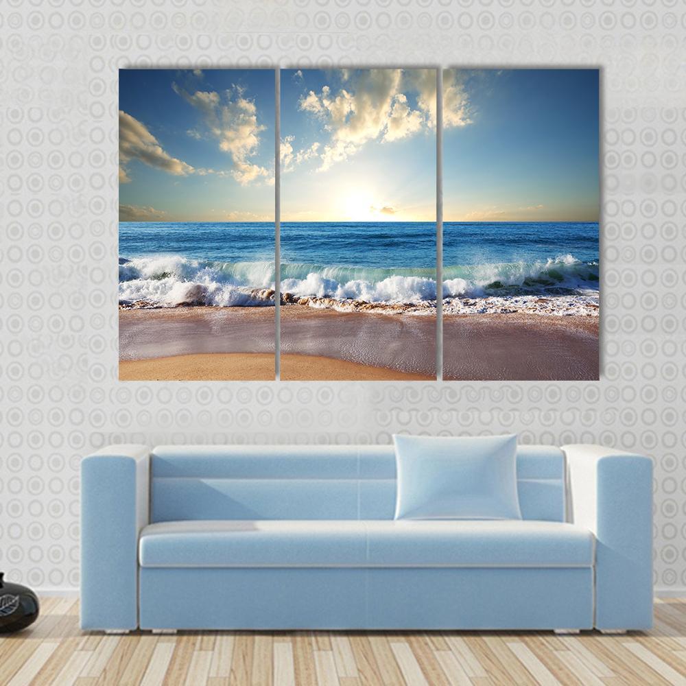 Sunset On Beach With Strong Ocean Waves Canvas Wall Art-3 Horizontal-Gallery Wrap-37&quot; x 24&quot;-Tiaracle
