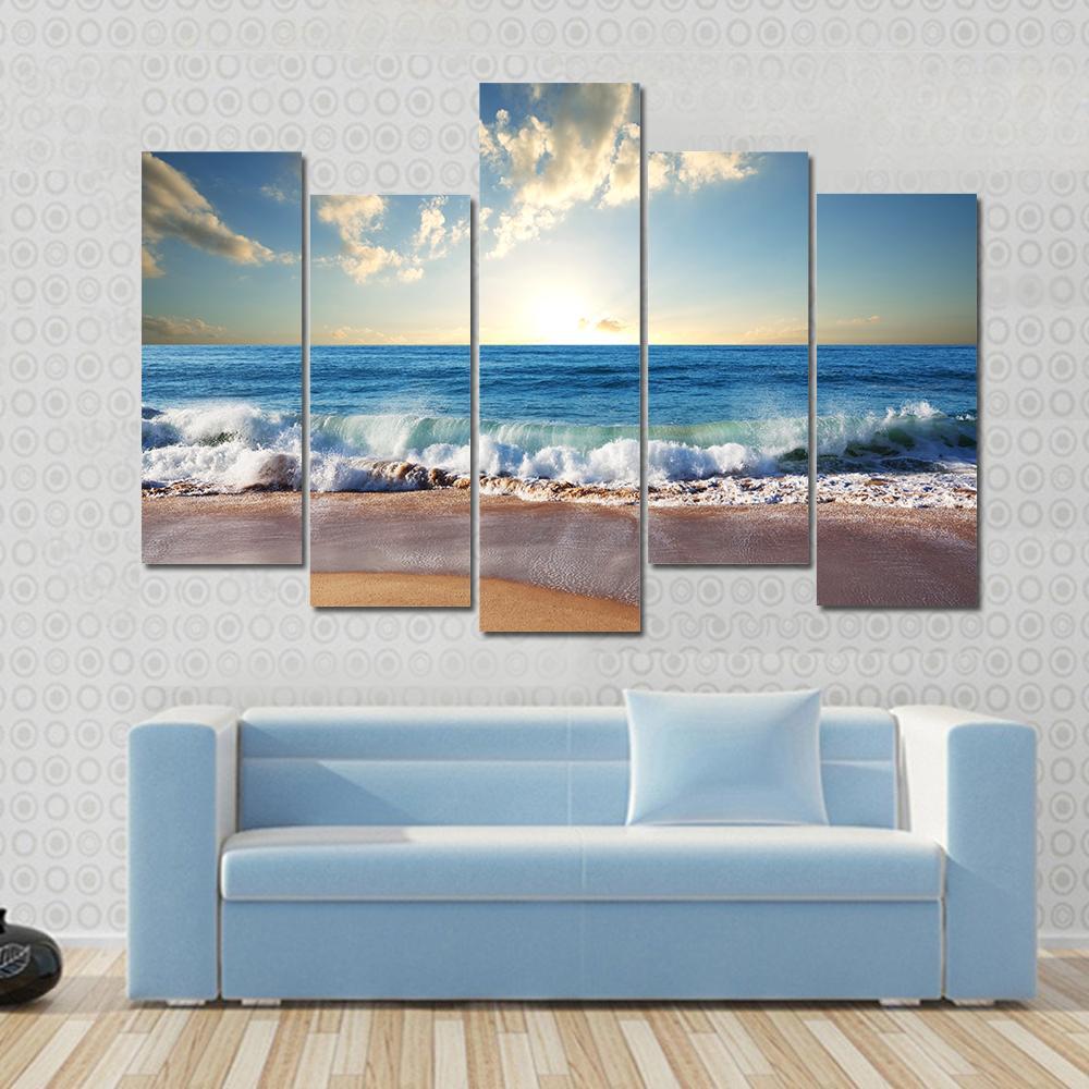Sunset On Beach With Strong Ocean Waves Canvas Wall Art-5 Pop-Gallery Wrap-47&quot; x 32&quot;-Tiaracle