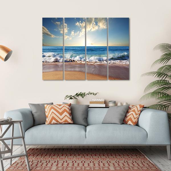 Sunset On Beach With Strong Ocean Waves Canvas Wall Art-4 Horizontal-Gallery Wrap-34" x 24"-Tiaracle