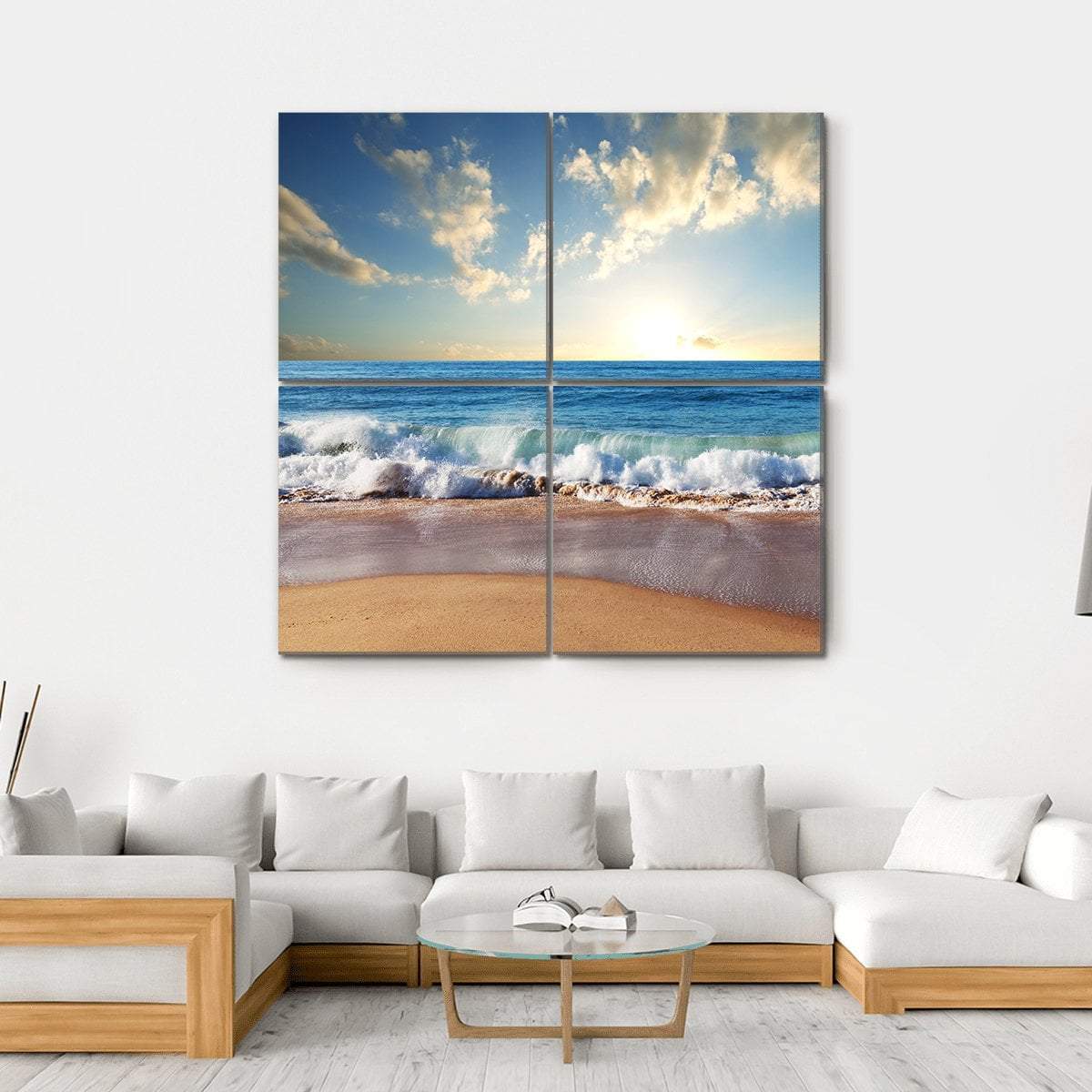 Sunset On Beach With Strong Ocean Waves Canvas Wall Art-4 Square-Gallery Wrap-17" x 17"-Tiaracle