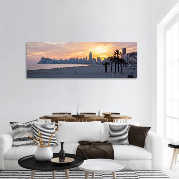 Sunset On Benidorm Beach In Spain Panoramic Canvas Wall Art-3 Piece-25" x 08"-Tiaracle