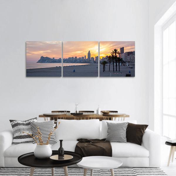 Sunset On Benidorm Beach In Spain Panoramic Canvas Wall Art-3 Piece-25" x 08"-Tiaracle