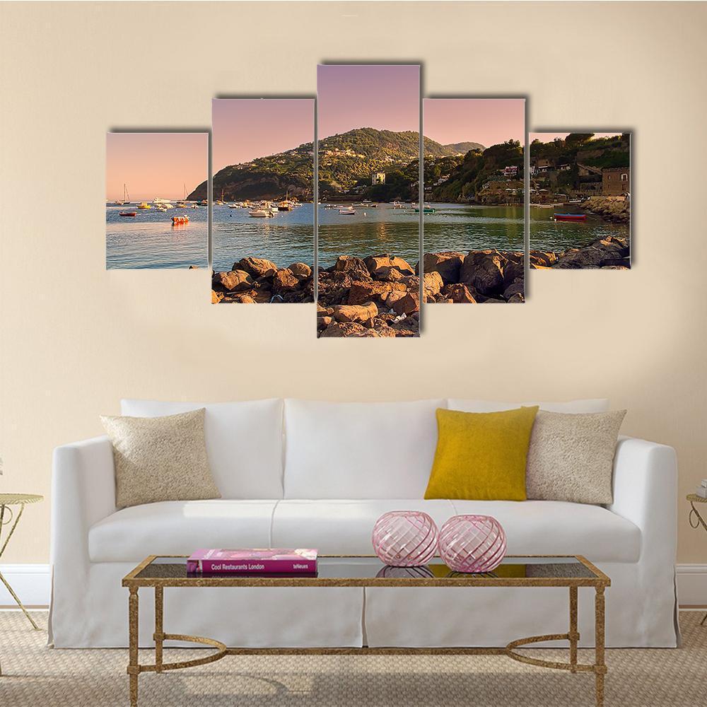 Sunset On Coast Of Ischia Island Canvas Wall Art-5 Star-Gallery Wrap-62" x 32"-Tiaracle