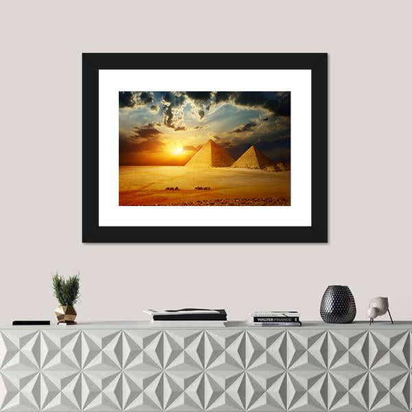 Sunset On Egyptian Pyramids Under Dark Clouds Canvas Wall Art-1 Piece-Framed Print-20" x 16"-Tiaracle