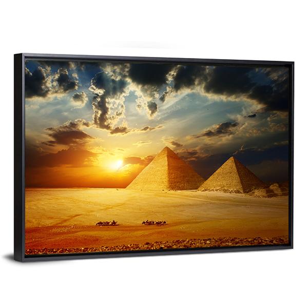 Sunset On Egyptian Pyramids Under Dark Clouds Canvas Wall Art-3 Horizontal-Gallery Wrap-25" x 16"-Tiaracle