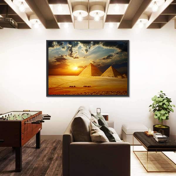 Sunset On Egyptian Pyramids Under Dark Clouds Canvas Wall Art-3 Horizontal-Gallery Wrap-25" x 16"-Tiaracle