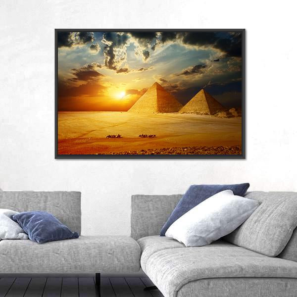 Sunset On Egyptian Pyramids Under Dark Clouds Canvas Wall Art-3 Horizontal-Gallery Wrap-25" x 16"-Tiaracle