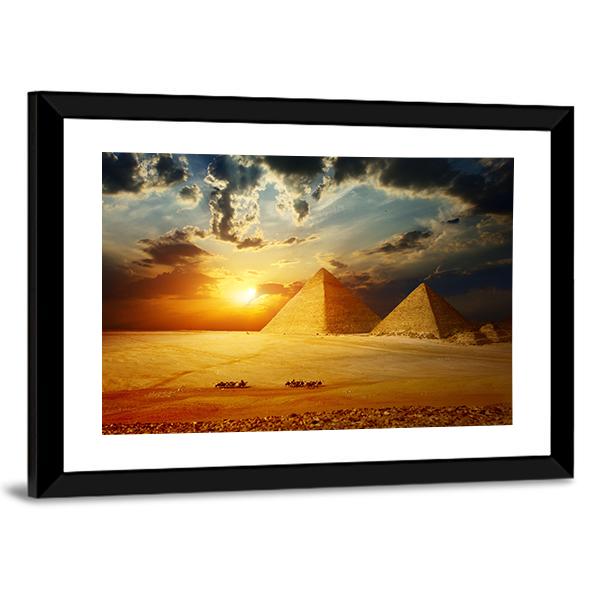Sunset On Egyptian Pyramids Under Dark Clouds Canvas Wall Art-3 Horizontal-Gallery Wrap-25" x 16"-Tiaracle