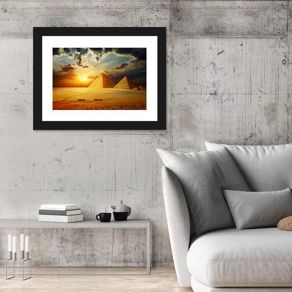 Sunset On Egyptian Pyramids Under Dark Clouds Canvas Wall Art-3 Horizontal-Gallery Wrap-25" x 16"-Tiaracle