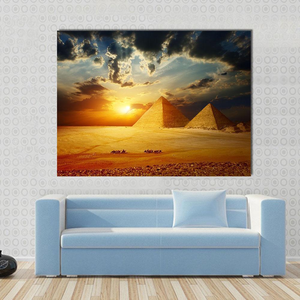 Sunset On Egyptian Pyramids Under Dark Clouds Canvas Wall Art-1 Piece-Gallery Wrap-48" x 32"-Tiaracle