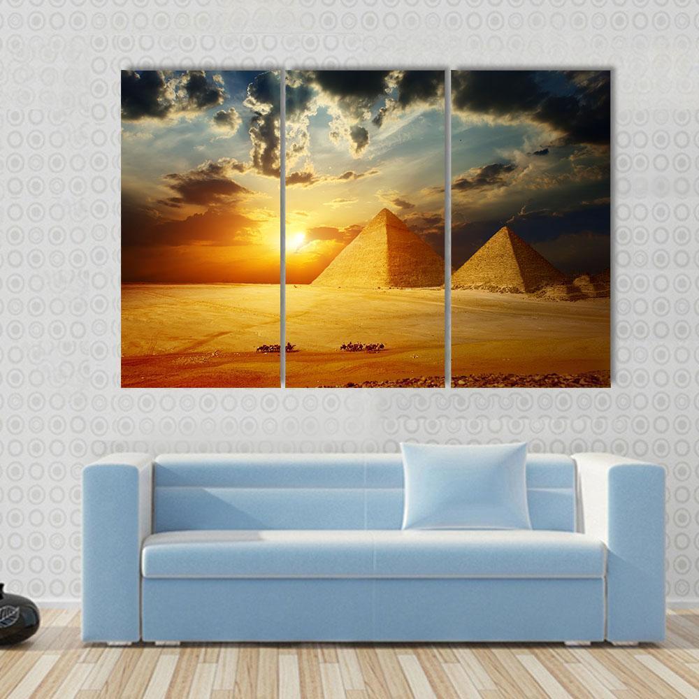 Sunset On Egyptian Pyramids Under Dark Clouds Canvas Wall Art-3 Horizontal-Gallery Wrap-37" x 24"-Tiaracle