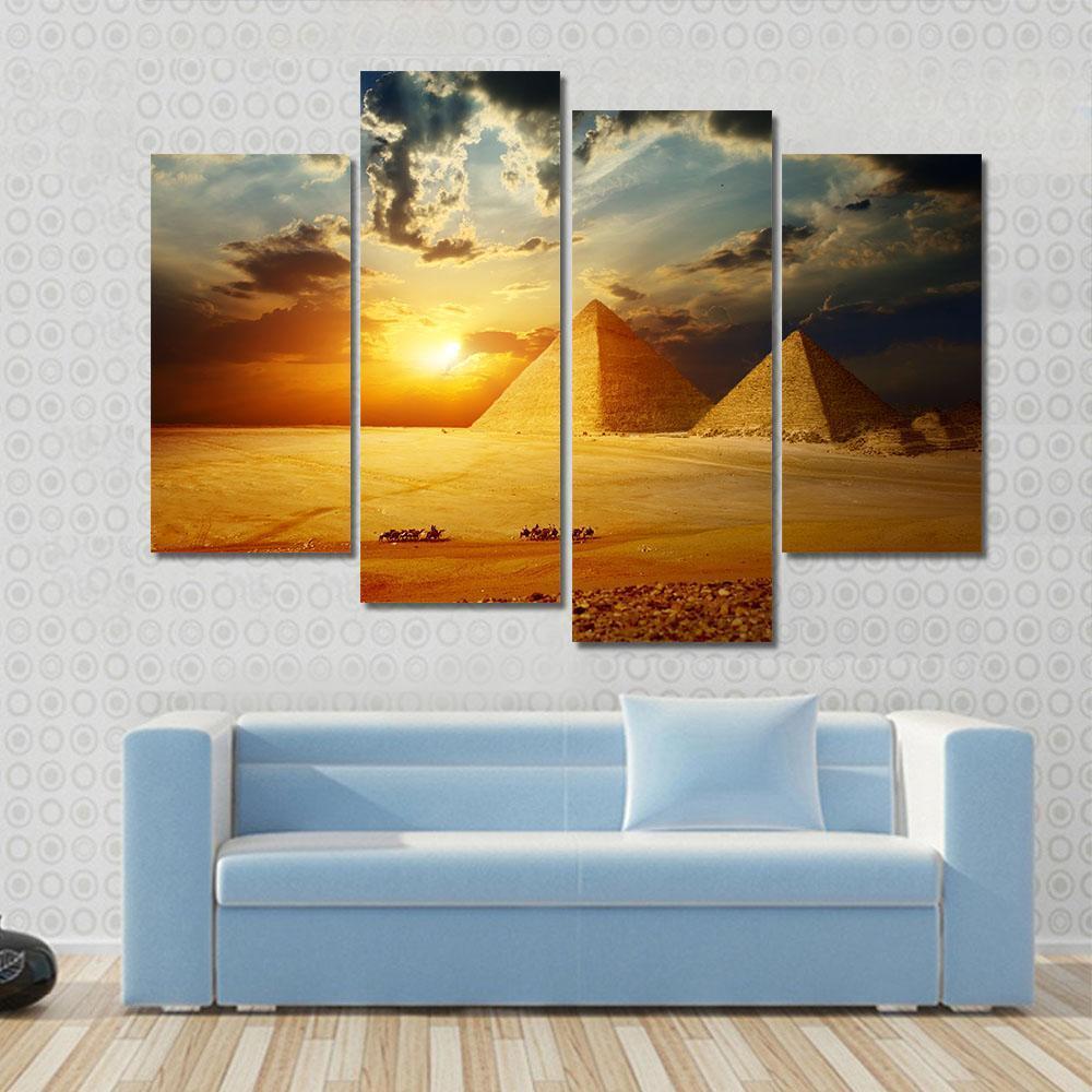 Sunset On Egyptian Pyramids Under Dark Clouds Canvas Wall Art-4 Pop-Gallery Wrap-50" x 32"-Tiaracle