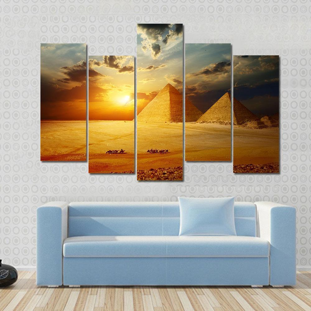 Sunset On Egyptian Pyramids Under Dark Clouds Canvas Wall Art-5 Pop-Gallery Wrap-47" x 32"-Tiaracle