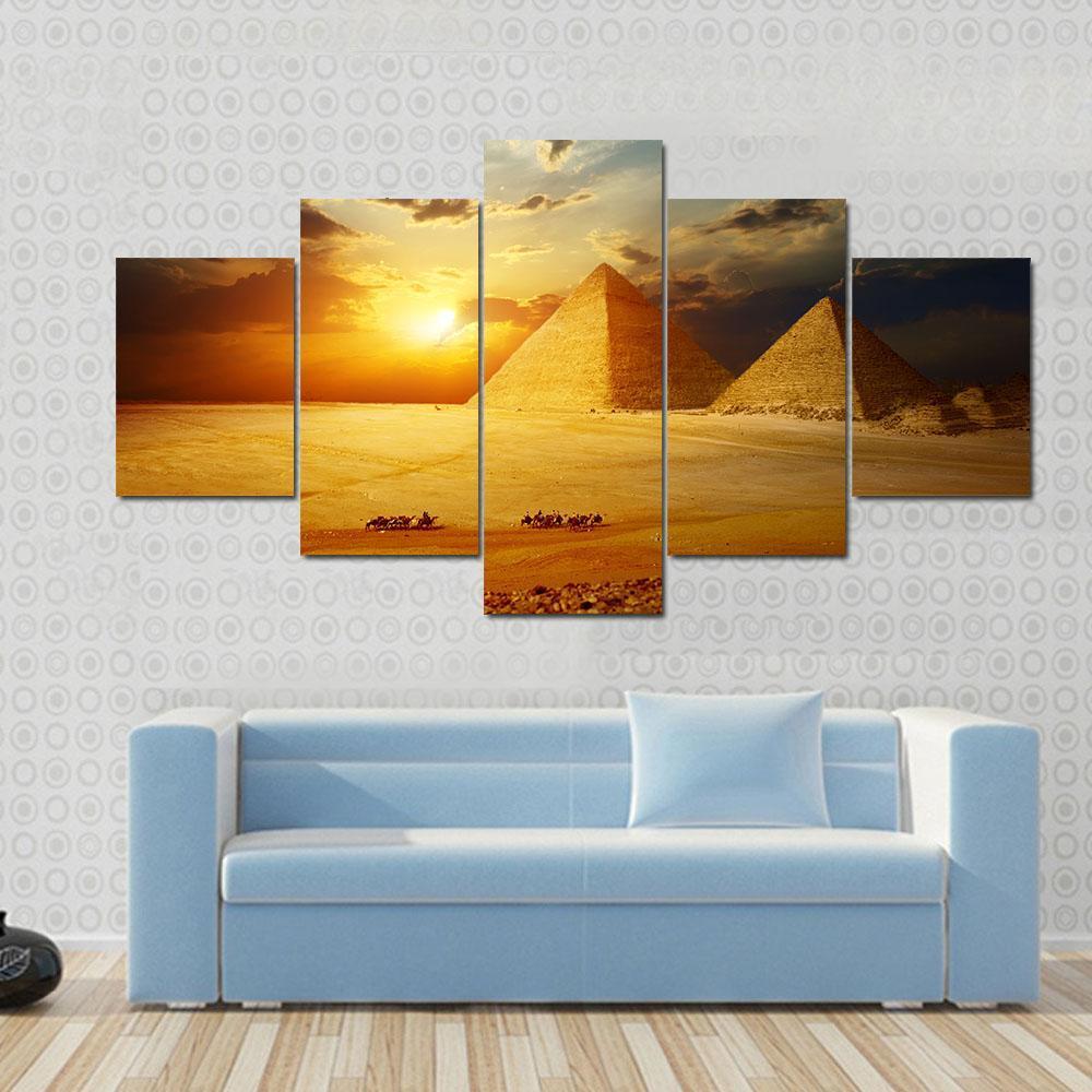 Sunset On Egyptian Pyramids Under Dark Clouds Canvas Wall Art-5 Star-Gallery Wrap-62" x 32"-Tiaracle