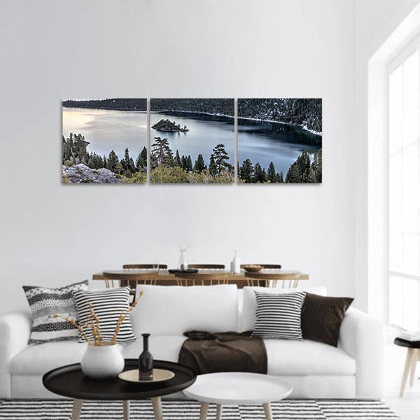 Sunset Over Emerald Bay Panoramic Canvas Wall Art in gray, green and blue, hung on a wall