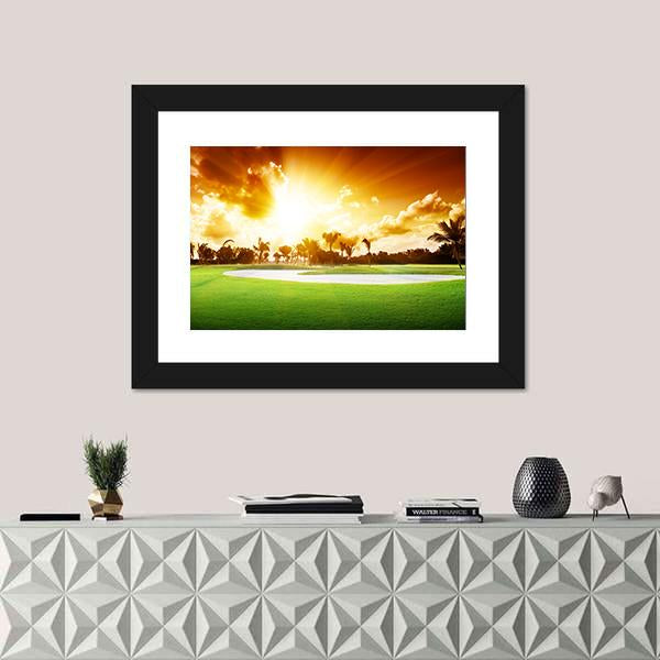 Sunset On Golf Field Canvas Wall Art-1 Piece-Framed Print-20&quot; x 16&quot;-Tiaracle