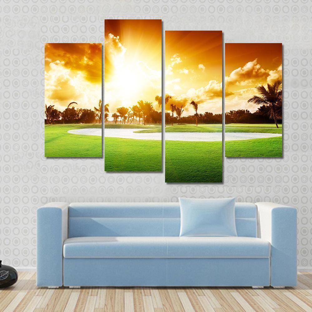 Sunset On Golf Field Canvas Wall Art-4 Pop-Gallery Wrap-50&quot; x 32&quot;-Tiaracle
