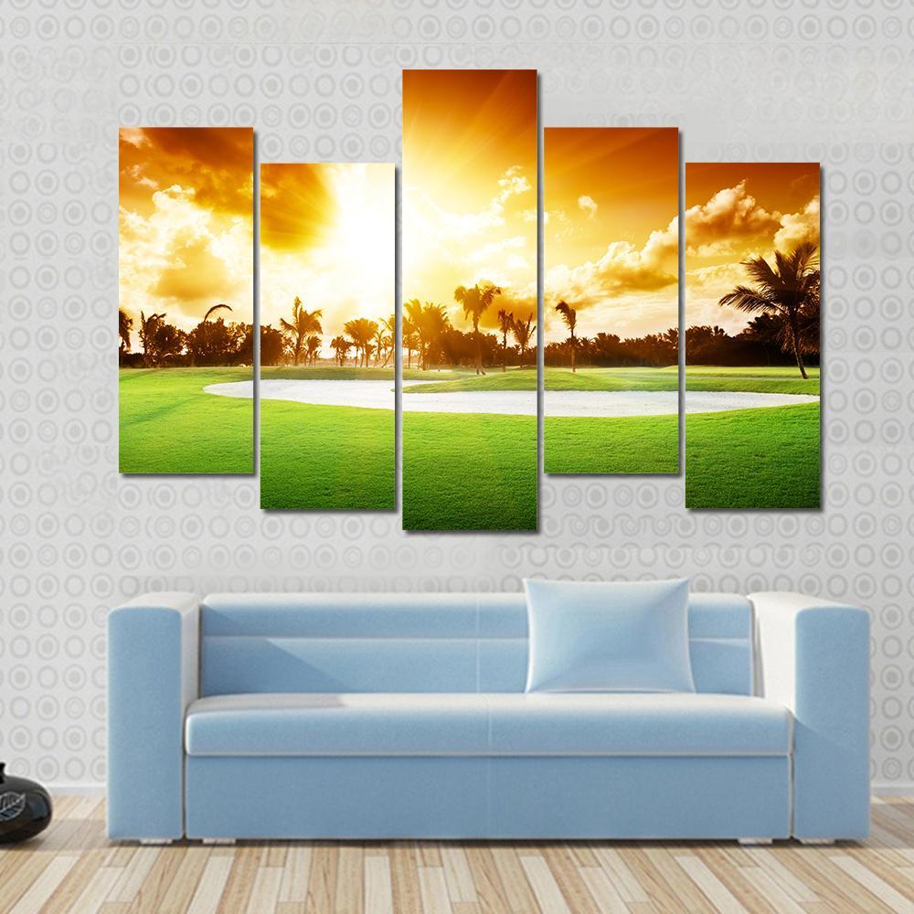 Sunset On Golf Field Canvas Wall Art-5 Pop-Gallery Wrap-47&quot; x 32&quot;-Tiaracle