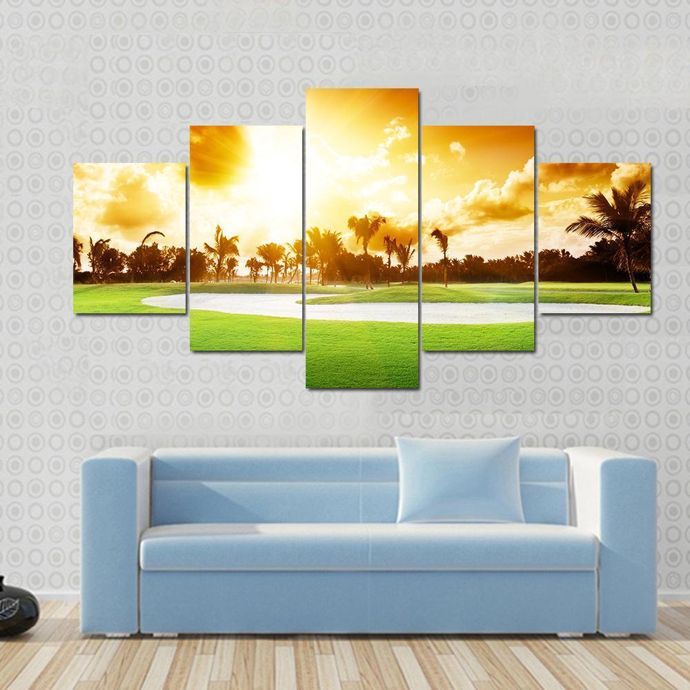 Sunset On Golf Field Canvas Wall Art-5 Star-Gallery Wrap-62&quot; x 32&quot;-Tiaracle